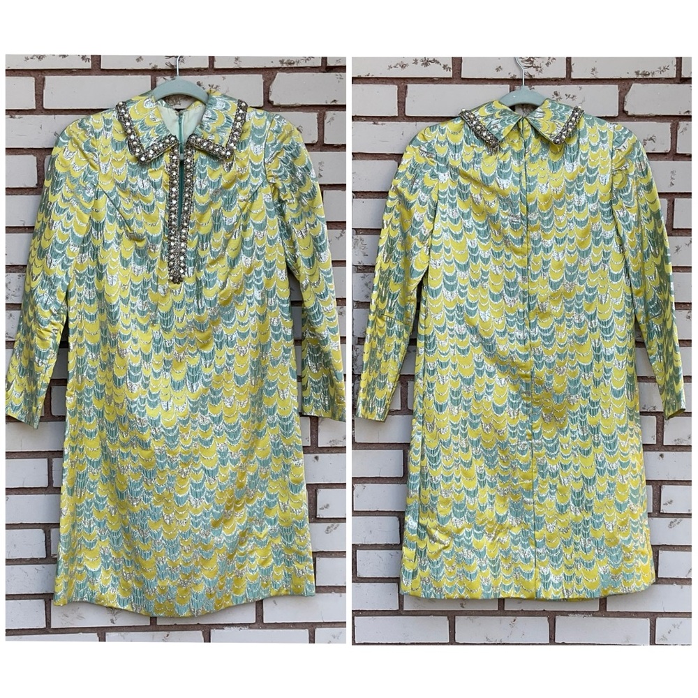 Vintage 60s Mod GoGo Beaded Metallic Silk Brocade Twiggy Dress Size Small - Picture 2 of 8